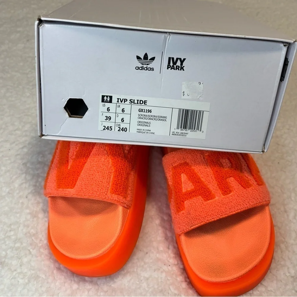 Ivy Park x Adidas Screaming Orange Terry Cloth Logo Platform Slides